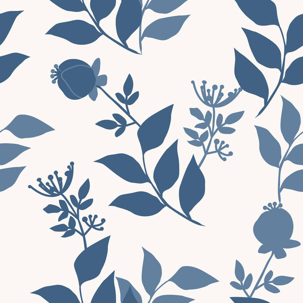 Seamless pattern of abstract botanical elements. Field grass, leaves and branches with flowers. Minimalistic natural composition. Vector background for cover, print for clothes, textiles. - Vector, Image