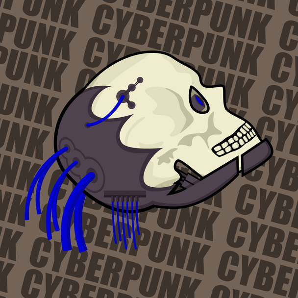 Imagen del cráneo en el estilo de cyberpunk con inserciones de metal y alambres. Imágenes para diversos propósitos, juegos, sitios web y más. Ilustración vectorial. - Vector, Imagen
