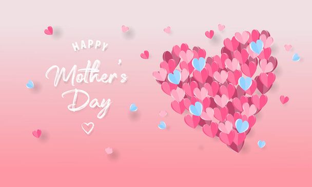 Happy Mothers Day card. Big heart made of paper cut pink, red and blue hearts - Vector, Image