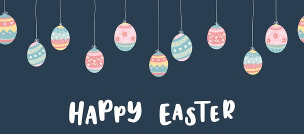 Cute hand drawn Easter design, fun colorful easter eggs and doodle flowers, great for banners, wallpapers, cards - vector design - Vector, afbeelding