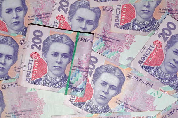 Украинские деньги (грн). Пачка 200 гривен на 200 гривен на заднем плане. Концепция бизнеса и финансов - Фото, изображение