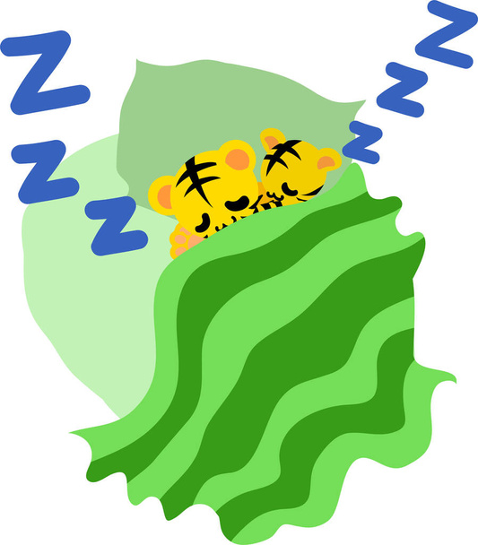 Illustration of cute tigers lying on the bed and sleeping - Vector, Image