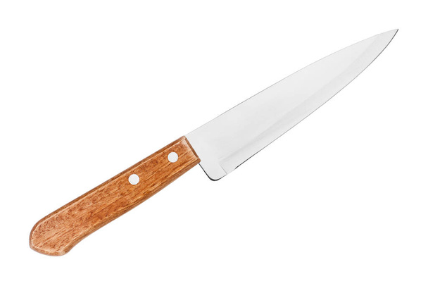 Steel knife with brown wooden handle on white background isolated close up, big chef knife, sharp stainless blade, silver metal butcher knife, kitchen utensil, cutting tool, dangerous weapon - Photo, Image
