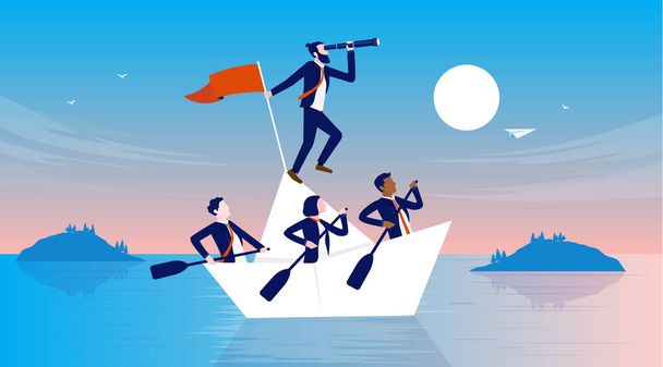Business ship - People all in the same boat working hard and finding the way forward. Manager and employees teamwork concept. Vector illustration. - Vector, Image