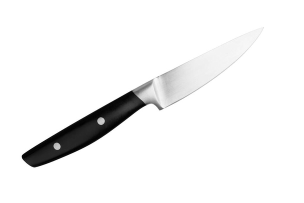 Steel paring knife with black plastic handle on white background isolated closeup, metal chef knife, sharp stainless blade, carving knife, cooking food, kitchen utensil, cutting tool, dangerous weapon - Photo, Image