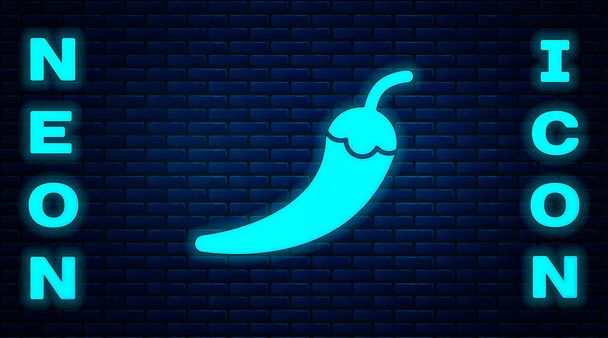 Glowing neon Hot chili pepper pod icon isolated on brick wall background. Design for grocery, culinary products, seasoning and spice package, cooking book.  Vector. - Vector, Image