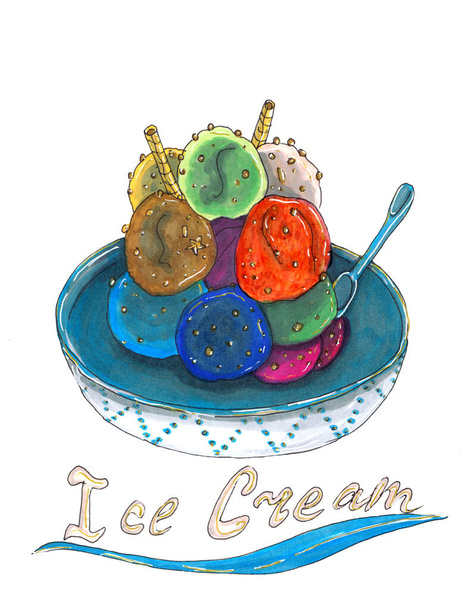 El çizimi renkli çikolata parçalı dondurma. Kalem İşaretleyici illüstrasyonu. - Fotoğraf, Görsel