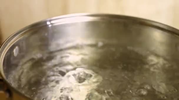 Gießen Sie einen Esslöffel Salz in kochendes Wasser in einem Topf. Prozess der Zubereitung perfekter Bratkartoffeln im Ofen - Filmmaterial, Video