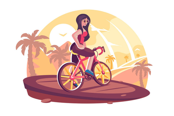 Meisje fietsen op het strand vector illustratie. Jonge vrouw op zomervakantie. Zee kust en palmbomen in de zomer platte stijl concept - Vector, afbeelding