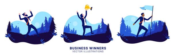 Business winners - Illustration set with successful businesspeople winning. Triumph, achievement and success concept. Vector illustration. - Vector, Image
