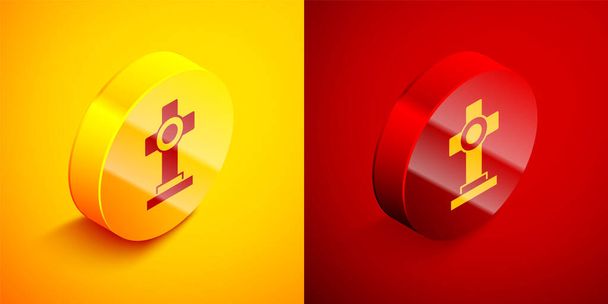 Isometric Grave with cross icon isolated on orange and red background. Circle button. Vector. - Vector, Image