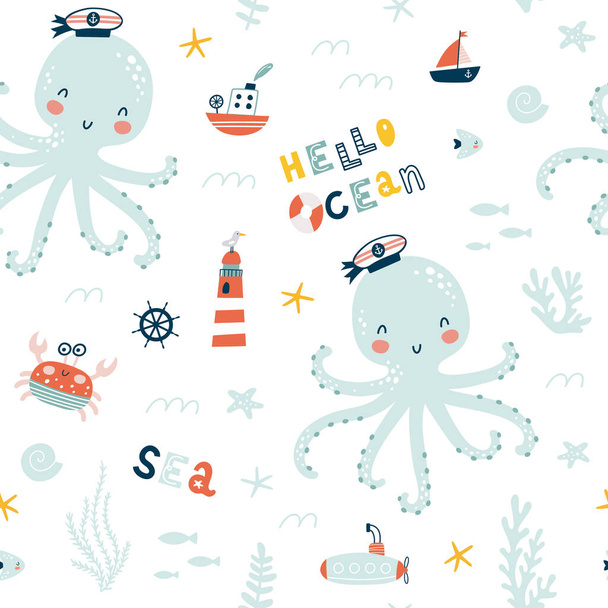 Marine animals seamless pattern. Childish print. Undersea world inhabitants. Octopus, whale, fish, crab, sea transport. Vector illustration. - Vector, Image