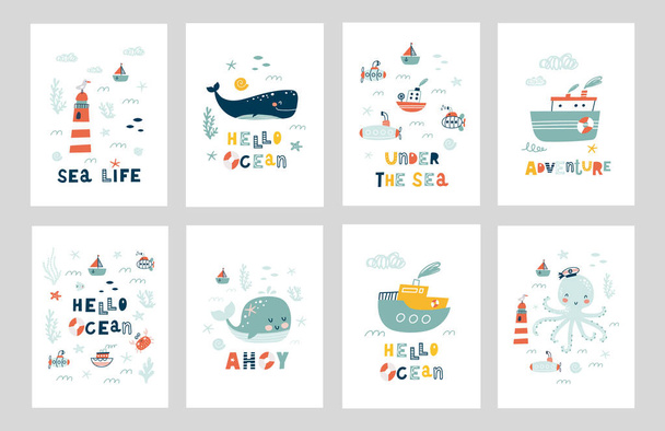 Tengeri állatok plakátjai. Tengeralatti világ lakói. A tenger alatt. Polip, bálna, hal, rák, tengeri szállítás. Vektorillusztráció. - Vektor, kép