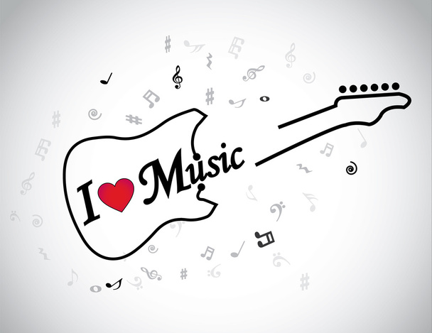 音楽のエレク トリック ギターの音符コンセプト & 赤いハートが大好きです。私の電気ギター記号愛音楽テキストおよび音楽の音符の周り - イラスト アート - ベクター画像