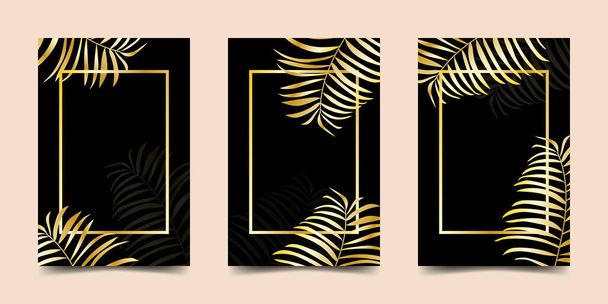 Modelo de cartaz abstrato vetorial com folhas tropicais douradas. Design para banner, panfleto, convite, capa, cartão de visita. - Vetor, Imagem
