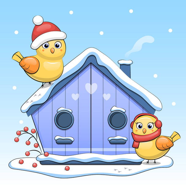 Симпатичный мультик о птичнике с птицами зимой. Векторная иллюстрация на синем фоне со снегом. - Вектор,изображение