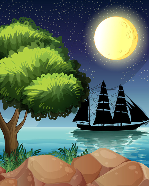 Un barco negro en el mar bajo la luna brillante
 - Vector, Imagen
