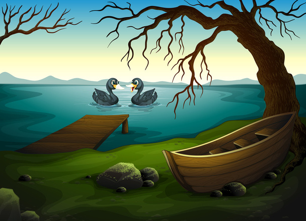 A boat under the tree near the sea with two ducks - Vector, Image