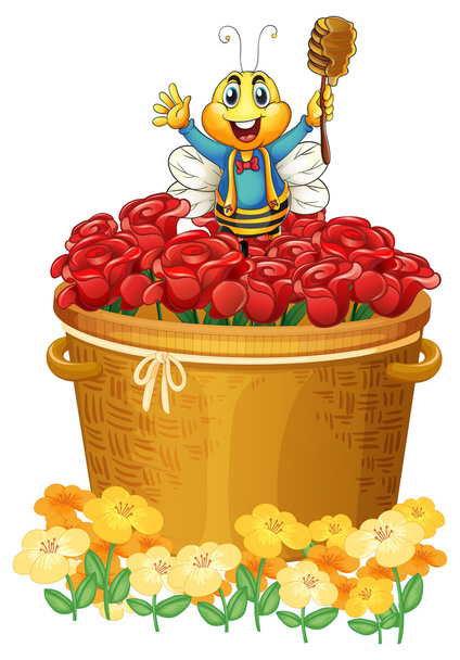 Счастливая пчела над корзиной цветов
 - Вектор,изображение
