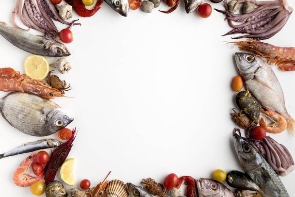 top view assortment seafood frame. Resolution and high quality beautiful photo - Photo, Image