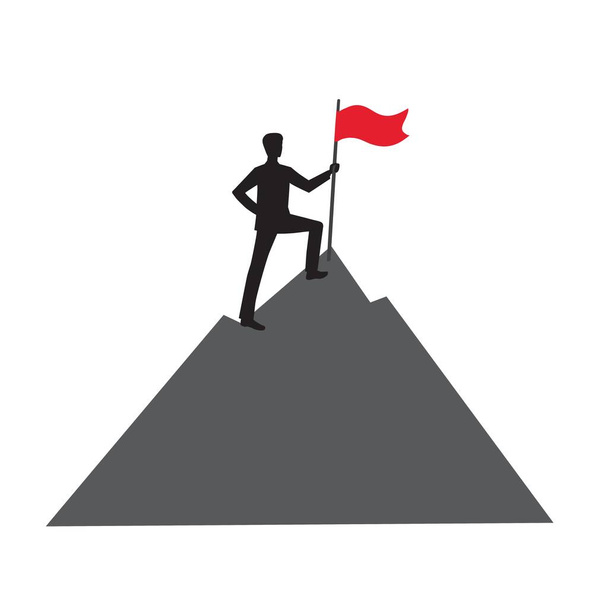 Succes concept.Een man met rode vlag staat op de top van een berg. Winnaar.Nummer één.Symbool van succes.Winnen van concurrenten. Geïsoleerde voorraad vector illustratie op een witte achtergrond. - Vector, afbeelding