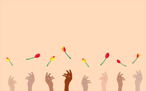 единство и общность различных людей с цветами в праздники и счастливые дни - Вектор,изображение