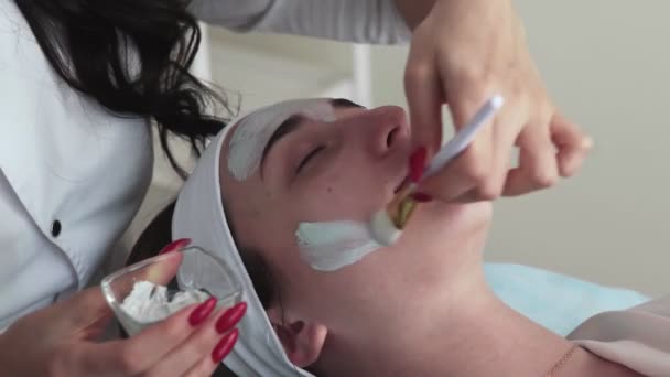 Cosmetólogo aplica máscara de arcilla con espátula en la cara de la mujer. Piel facial y tratamiento antienvejecimiento. Cosmetología y cuidado profesional de la piel facial. - Metraje, vídeo