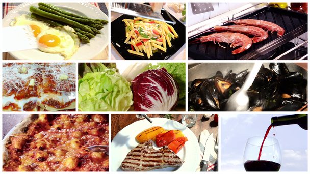 een collage van verschillende voedsel gerechten - Video