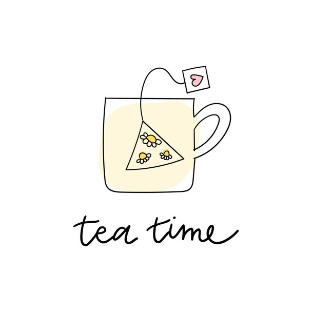 Чашка с пакетиком чая. Ромашковый травяной чай иллюстрация с ручной письменной надписью. - Вектор,изображение
