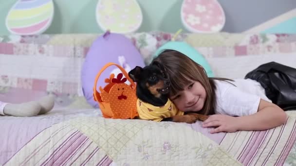 Suloinen pieni tyttö halata hänen lemmikkinsä kotona sohvalla. Lapsi valmistautuu pääsiäiseen kotona karanteenin aikana. Söpö koira - Materiaali, video