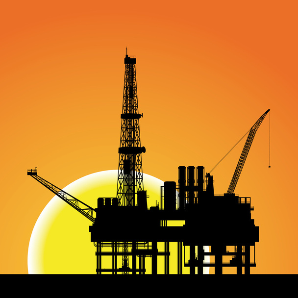 illusztráció: olaj-fúrótorony, a tenger és a naplemente, a háttérben - Vektor, kép