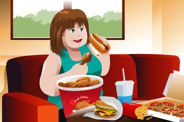 Overweight woman eating fast food - Vector, Image