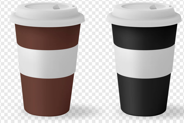 白を基調とした黒蓋付きのペーパーカップモックアップコーヒー。ティーカップ空の空のコピースペースを奪う. - ベクター画像