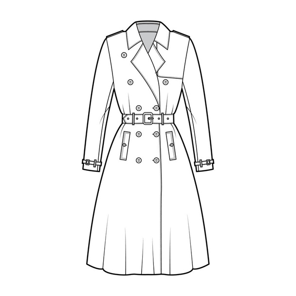 Kompletní trench kabát technické módní ilustrace s páskem, dvojité prsy, rukávy, límec napoleonové klopy, vichřice. - Vektor, obrázek