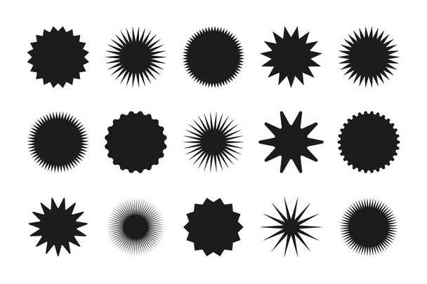 Brutalisme starburst geometrische stickers. Eenvoudige zwarte etiketten op witte achtergrond. Bauhaus stijl set van vector iconen - Vector, afbeelding