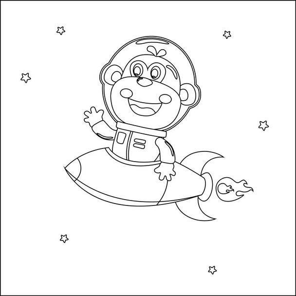 Обезьяний астронавт играет со своей ракетой. Животное в открытом космосе. Векторная ручная раскраска детской иллюстрации. Креативный вектор Детский дизайн для детей. - Вектор,изображение