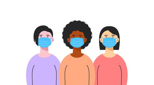 Ομάδα διαφορετικών εθνοτήτων γυναικών που φορούν ιατρικές μάσκες απομονωμένες σε λευκό φόντο. Προστασία από τον ιό του κερατοειδούς, μέτρα πρόληψης πανδημίας. COVID-19 έννοια πρόληψης. Διανυσματικό επίπεδο - Διάνυσμα, εικόνα