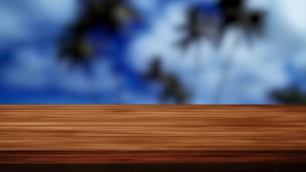 Fa asztal bár és a homályos kilátás a strandra a háttérben. Fény- és szivárgáshatások. HD felvétel - Felvétel, videó