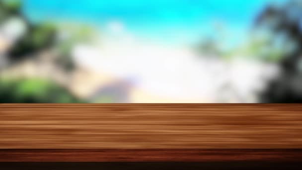 Drewniany bar stołowy i rozmazana plaża, piasek i tło drzew. Efekt świetlny i wyciek. Nagrania HD - Materiał filmowy, wideo