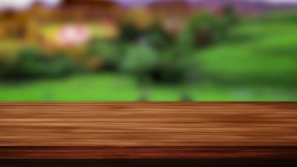 Wood table bar and blurred nature green ground and trees background. Light and leak effect. HD footage - Footage, Video