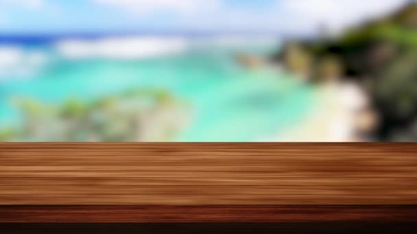 木製のテーブルバーとぼやけた海、砂、木の背景。光とリーク効果。HD映像 - 映像、動画