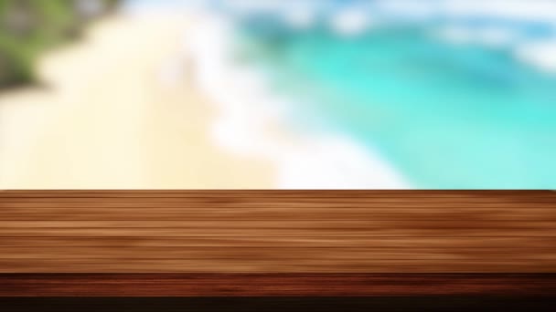 Puu pöytä baari ja hämärtynyt ranta, vesi ja hiekka tausta. Kevyt ja vuotava vaikutus. HD-kuvamateriaalia - Materiaali, video