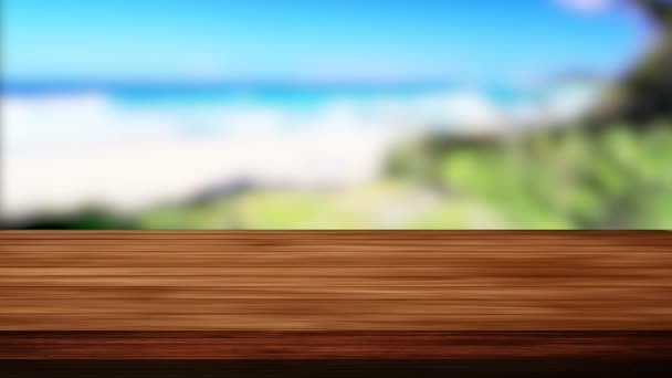 Barra de mesa de madeira e oceano borrado e fundo de árvores. Luz e efeito de vazamento. Imagens em HD - Filmagem, Vídeo