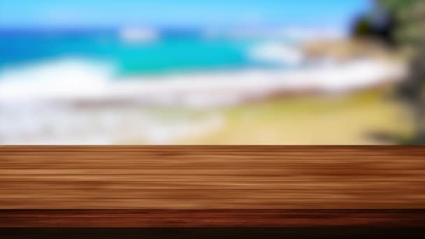 木製のテーブルバーとぼやけたビーチ、砂、木の背景。光とリーク効果。HD映像 - 映像、動画