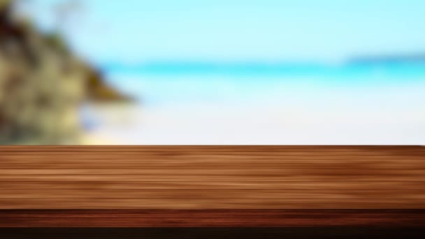 Tavolo bar in legno e spiaggia offuscata e sfondo di montagna. Effetto luce e perdite. Video HD - Filmati, video