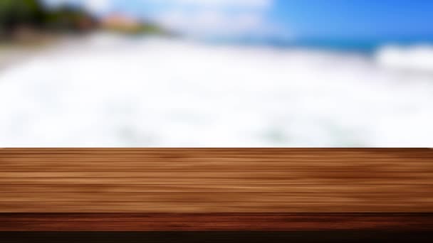Barre de table en bois et fond d'océan et d'eau flou. Effet de lumière et fuite. Des séquences HD - Séquence, vidéo