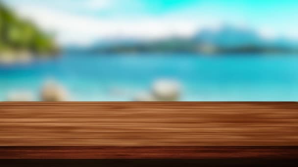 Drewniany bar stołowy i rozmazana plaża, góry i tło drzewa. Efekt świetlny i wyciek. Nagrania HD - Materiał filmowy, wideo