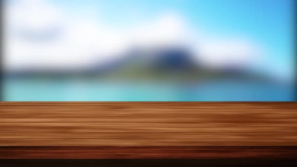 Tavolo bar in legno e vista sulla spiaggia offuscata e sulle montagne sullo sfondo. Effetto luce e perdite. Video HD - Filmati, video