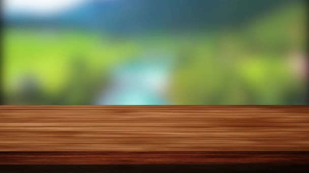 Barra de mesa de madeira e natureza borrada verde fundo da floresta. Luz e efeito de vazamento. Imagens em HD - Filmagem, Vídeo