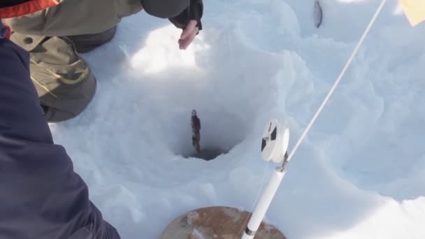 A halász télen fogott egy sügért. közeli szelektív fókusz, téli halászat. lassított felvétel - Felvétel, videó